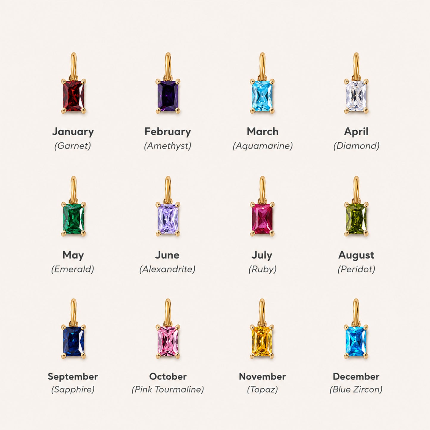 A grid of 12 small rectangular gemstone pendants on a light beige background, each labeled with a month and gemstone name: Garnet, Amethyst, Aquamarine, Diamond, Emerald, Alexandrite, Ruby, Peridot, Sapphire, Pink Tourmaline, Topaz, and Blue Zircon.