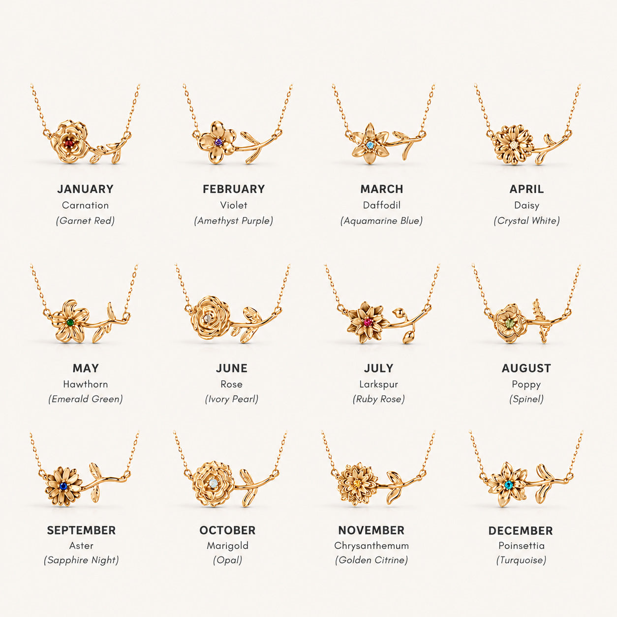 Birthstone flower necklace color chart with all 12 birth month options