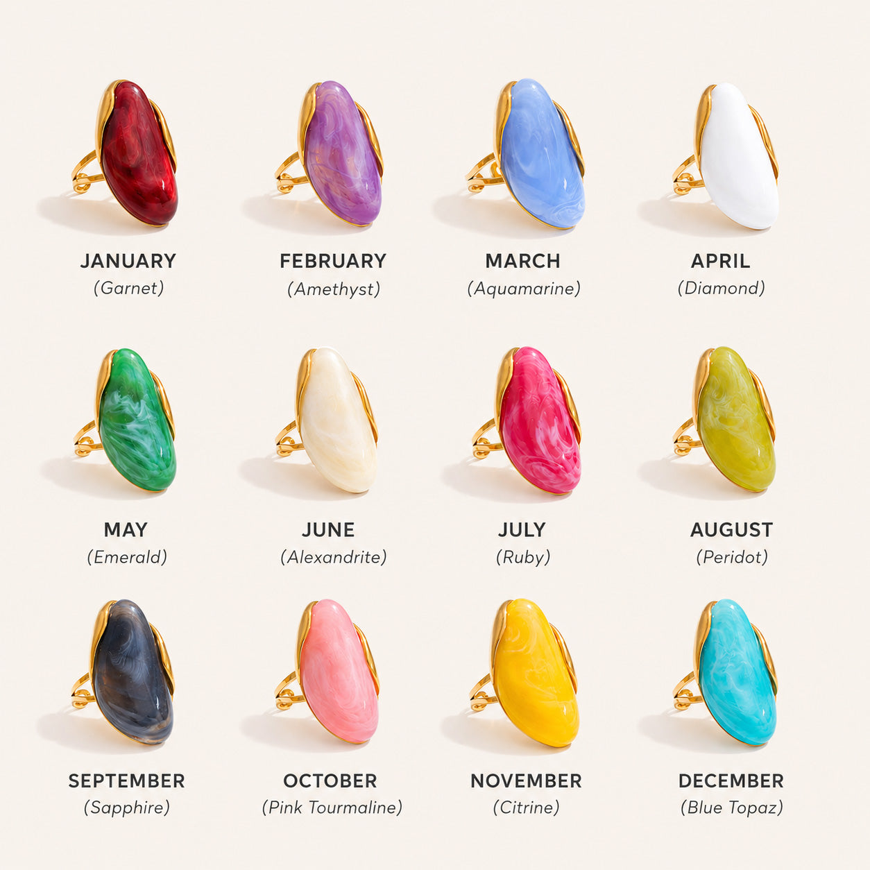 Oval stone birthstone ring color chart with all 12 birth month stones