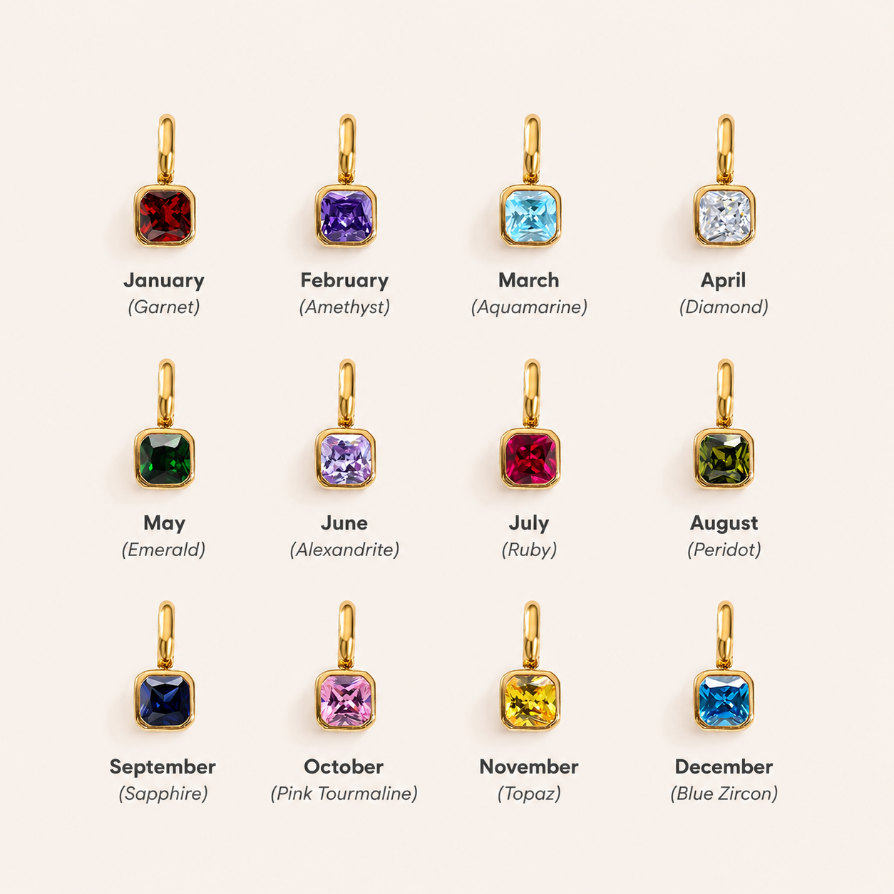 Birthstone color chart for personalized tennis cross bracelet – 12 monthly birthstones