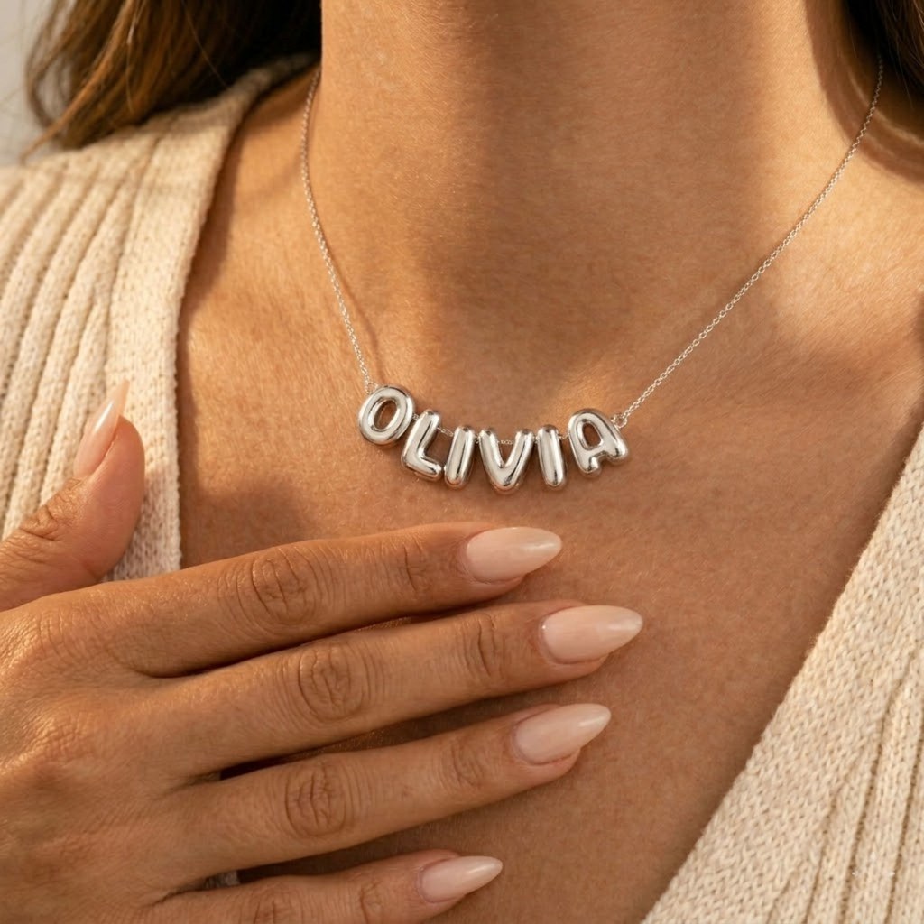 Silver bubble letter necklace custom initial - Calioras
