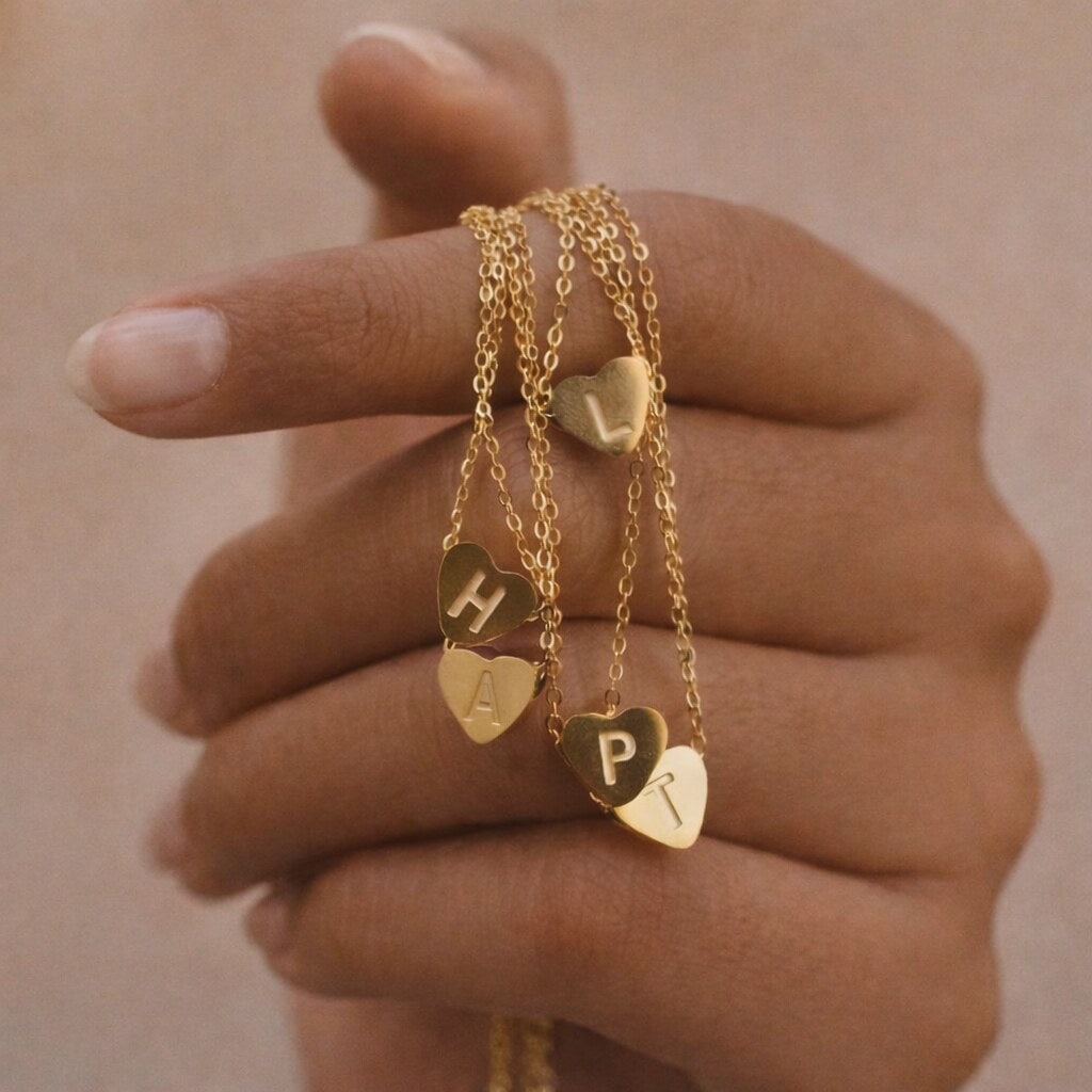 Gold heart-shaped jewelry with initials on a hand against a beige background