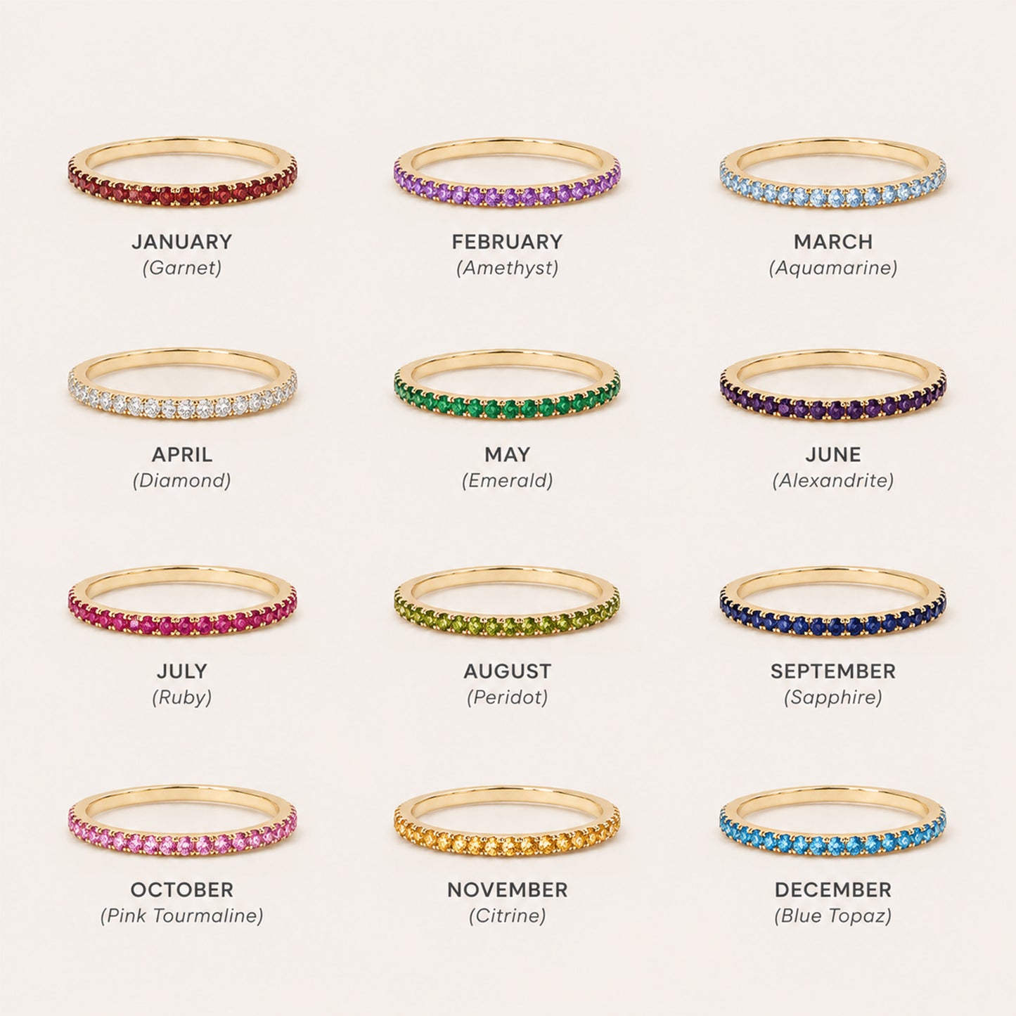 All 12 birthstone eternity ring colors from January garnet to December turquoise on gold band