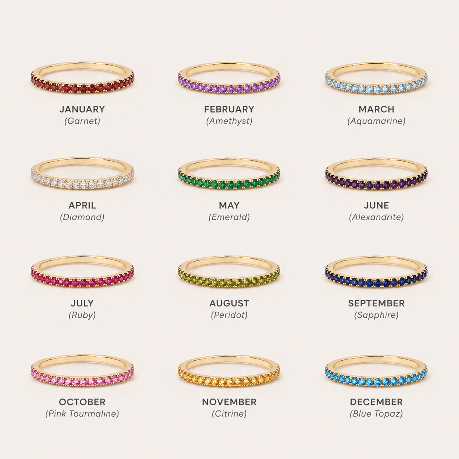 All 12 birthstone eternity ring colors from January garnet to December turquoise on gold band