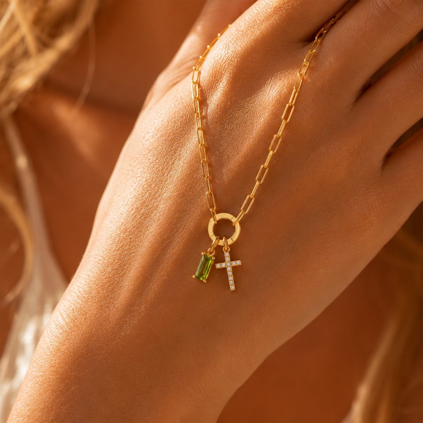 Paperclip Birthstone Cross Necklace