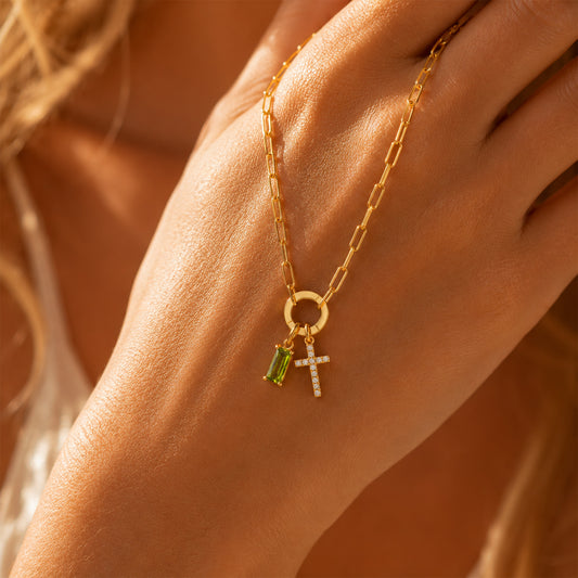 Paperclip Birthstone Cross Necklace