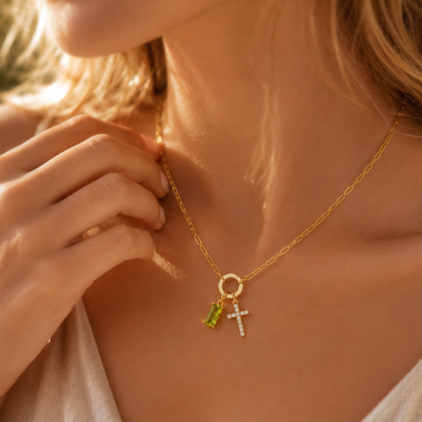 Paperclip Birthstone Cross Necklace