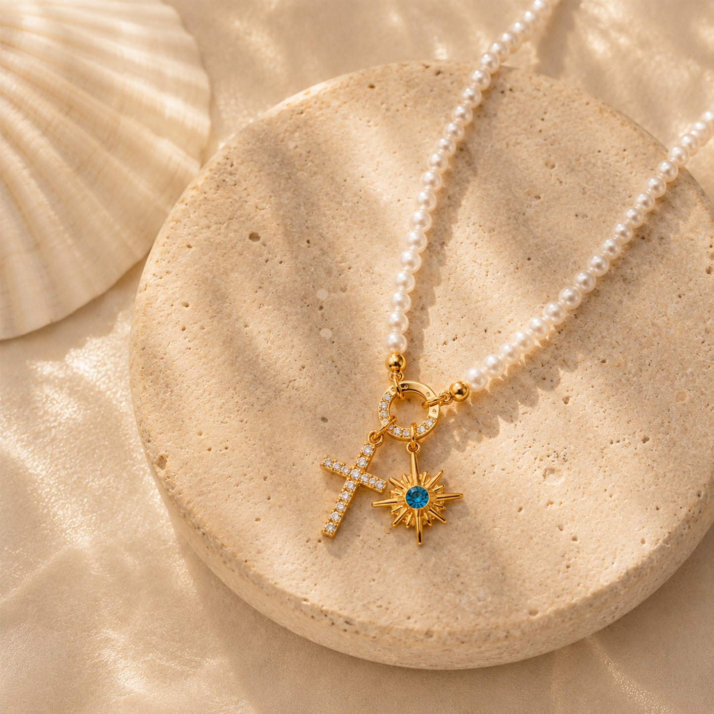 Pearl Cross Necklace with Birthstone Sunburst Charm