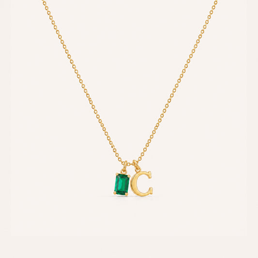 Gold rectangle birthstone initial necklace - Calioras