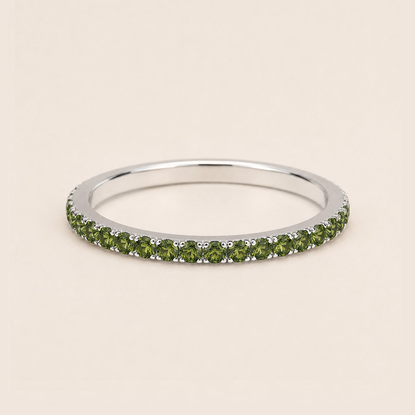 silver full pave CZ eternity ring dainty stackable band on cream background