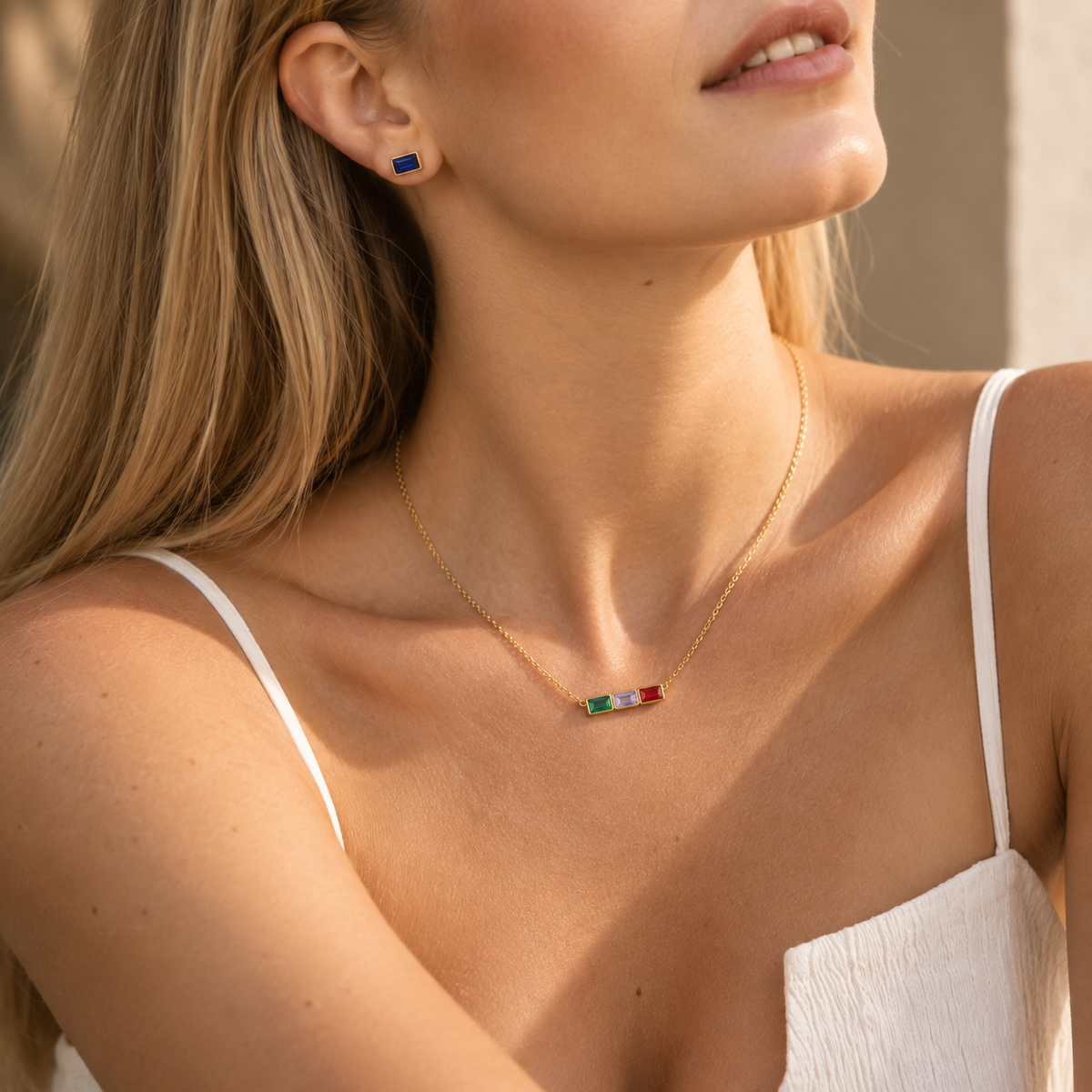 Gold family baguette birthstone necklace