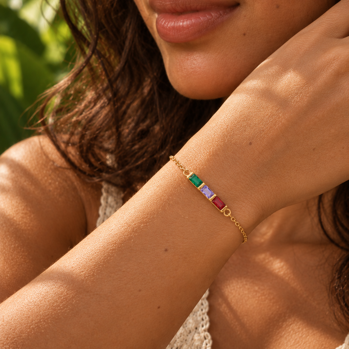Gold family baguette birthstone bracelet
