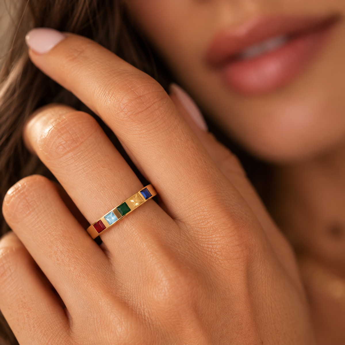 Gold family baguette birthstone ring