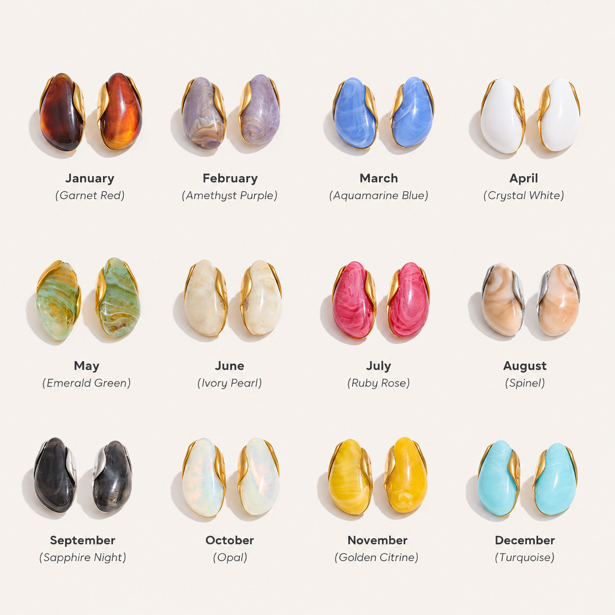 Oval birthstone stud earrings color chart with all 12 birth month stones