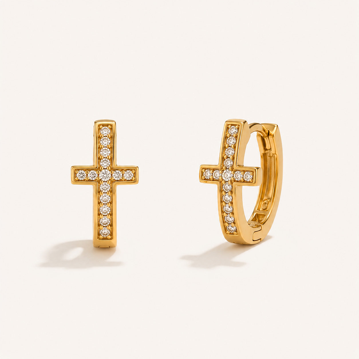 Gold pave cross huggie earrings