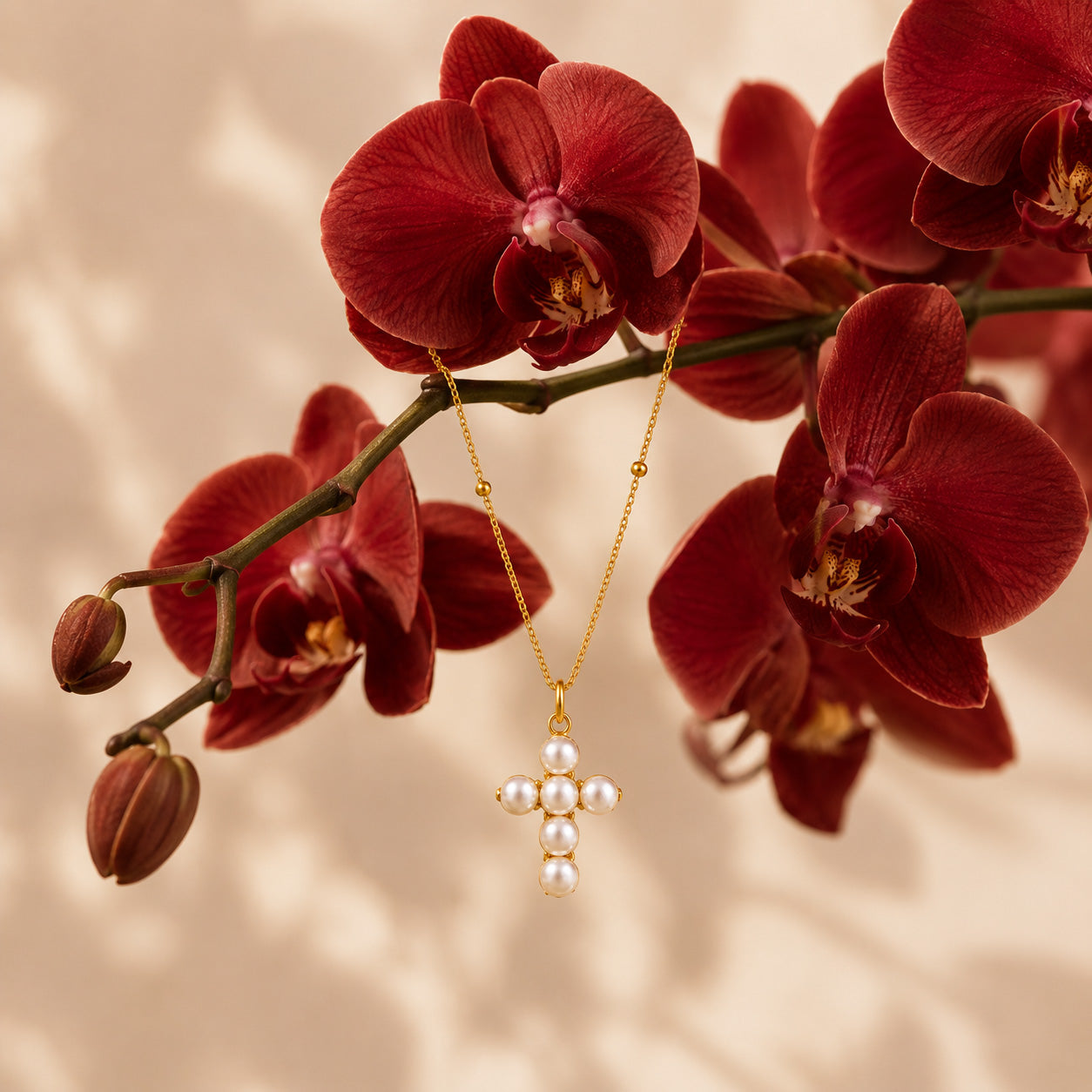 Gold satellite pearl cross necklace