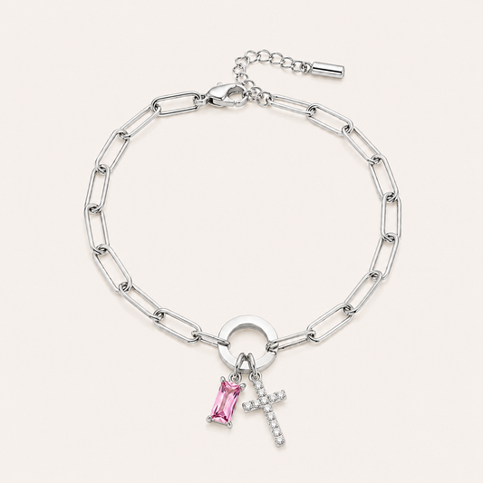 Silver paperclip birthstone cross bracelet with pavé CZ cross charm and pink birthstone
