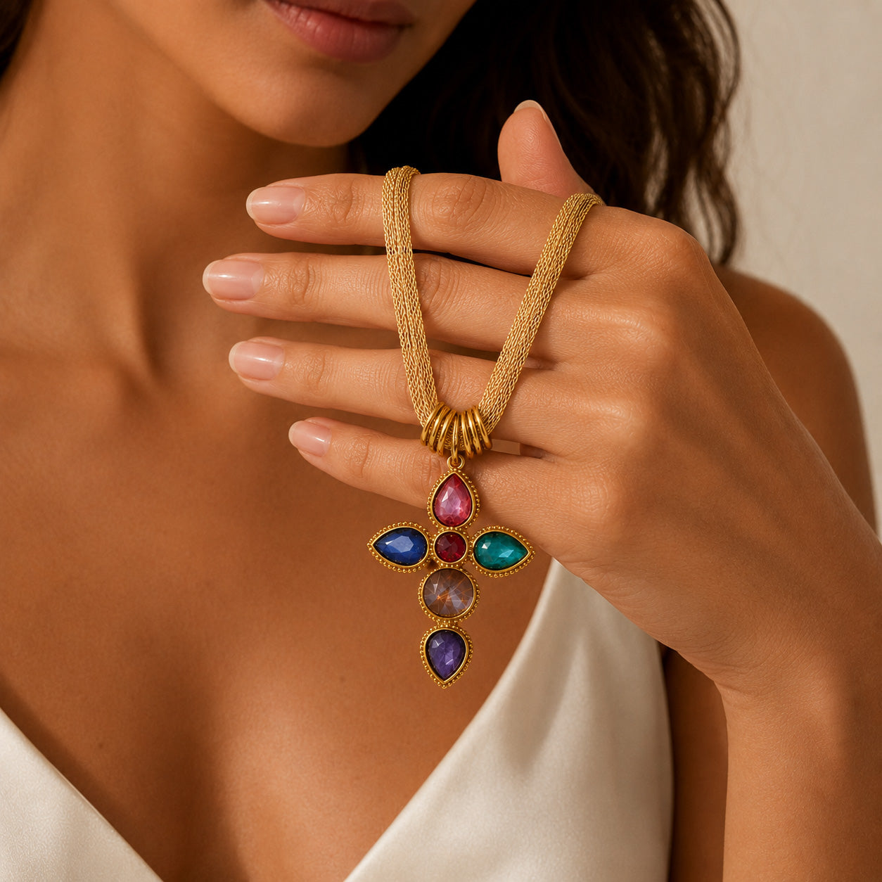 Gold vintage mesh cross necklace draped over finger showing statement cross
